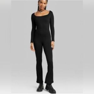 Jumpsuit Long Sleeve Bell Bottom Black Ribbed Fabric XS Scoop Neck